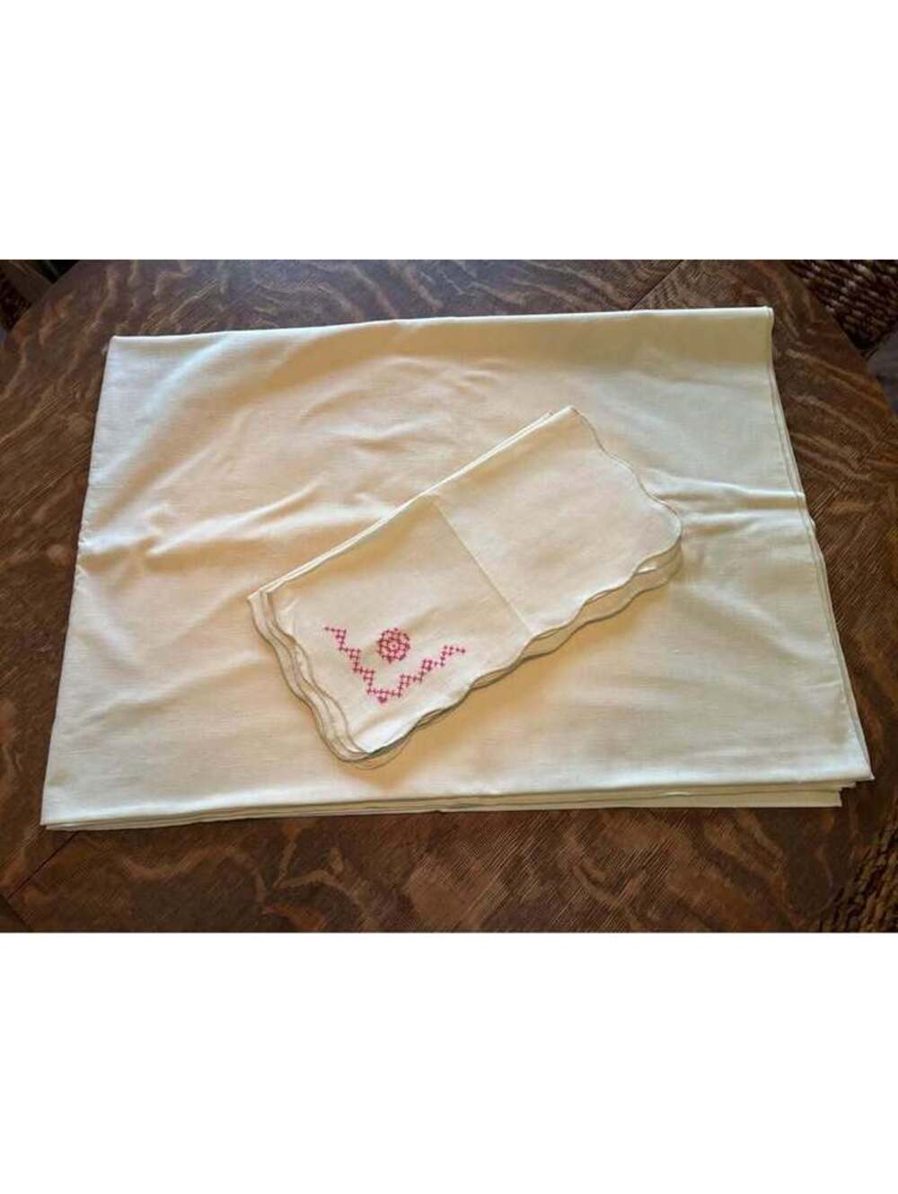 Vintage Linen Tablecloth and Napkin Set with Pink Cross-Stitch